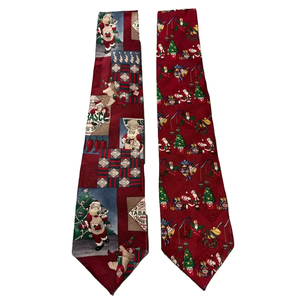 Tabasco 100% Silk Christmas Novelty Necktie Set Santa Holiday Ties Pair